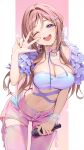  1girl blue_eyes blush bow breasts brown_hair choker cleavage crop_top frilled_choker frilled_sleeves frills gakuen_idolmaster garter_straps hair_bow hair_ornament highres himesaki_rinami holding holding_microphone idolmaster kainown large_breasts looking_at_viewer microphone midriff navel neck_ribbon one_eye_closed open_mouth pink_shorts pink_thighhighs ribbon shorts simple_background smile solo sweat thighhighs v v_over_eye wristband 