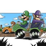  1girl 2boys 7thgear blue_eyes blue_overalls brooch brown_hair car cleft_chin convertible crown dress drinking_straw earrings facial_hair flipped_hair flower_brooch flower_earrings frilled_gloves frills gloves gold_crown green_car green_hat green_shirt hat highres jewelry large_nose luigi mario_(series) mario_kart mario_kart:_double_dash!! mario_kart_wii medium_hair motor_vehicle multiple_boys mustache open_mouth orange_car orange_dress overalls pink_nose pointed_crown pointy_shoes princess_daisy puffy_short_sleeves puffy_sleeves purple_hat purple_overalls purple_shirt shirt short_hair short_sleeves smile solo waluigi white_gloves wild_wing_(mario_kart) yellow_dress 