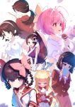  6+girls :d absurdres antenna_hair ayukawa_tenri bare_shoulders black_hair blonde_hair blue_eyes blunt_bangs blunt_ends bob_cut bow braid braided_hair_rings breasts bright_pupils broom brown_eyes brown_hair chinese_commentary commentary_request covering_own_mouth cowboy_shot detached_sleeves doll dongyang_kissoml dress elysia_de_lute_ima falling_petals forehead full_body gloves goidou_yui gym_shirt hair_bow hair_intakes hair_ornament hair_rings hands_up highres holding holding_broom holding_doll holding_microphone huge_bow jacket kami_nomi_zo_shiru_sekai kujou_tsukiyo large_breasts long_hair long_sleeves looking_ahead looking_at_viewer looking_back looking_to_the_side low_ponytail medium_hair microphone multiple_girls nakagawa_kanon open_mouth own_hands_together parted_bangs petals pink_bow pink_hair plaid_clothes plaid_skirt pleated_skirt ponytail puffy_short_sleeves puffy_sleeves purple_dress purple_eyes red_eyes red_jacket red_sailor_collar sailor_collar sailor_shirt school_uniform serafuku shiomiya_shiori shirt short_dress short_hair short_sleeves simple_background skirt skull_hair_ornament sleeveless sleeveless_dress smile spiked_hair straight_hair takahara_ayumi thighhighs upper_body upturned_eyes very_long_hair wavy_hair white_background white_gloves white_pupils white_sailor_collar white_shirt white_thighhighs zettai_ryouiki 