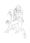  1boy 1girl aiming aiming_at_viewer amuro_ray character_request check_character commentary_request earth_federation freckles greyscale gun gundam holding holding_gun holding_weapon mobile_suit_gundam monochrome saitani_umetarou sayla_mass short_hair simple_background weapon 
