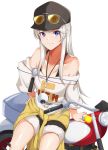  1girl absurdres alternate_costume azur_lane bangs bare_shoulders baseball_cap breasts clothes_around_waist enterprise_(anniversary_ride)_(azur_lane) enterprise_(azur_lane) eyewear_on_head eyewear_on_headwear ground_vehicle hand_on_hip haneramu hat highres jacket_around_waist jewelry long_hair looking_at_viewer motor_vehicle motorcycle necklace off-shoulder_shirt off_shoulder purple_eyes shirt shorts silver_hair sitting smile solo sunglasses tinted_eyewear very_long_hair white_shirt 