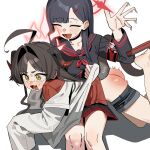  2girls absurdres ahoge ass black_hair black_sailor_collar black_shirt black_shorts black_skirt blue_archive brown_hair closed_eyes crying crying_with_eyes_open halo highres ichika_(blue_archive) kasumi_(blue_archive) long_hair lower_teeth_only lying multiple_girls on_stomach open_mouth over_the_knee red_halo red_shirt ruppu sailor_collar shirt shorts sitting skirt sleeves_past_wrists smile spanked spanking sweat tears teeth white_background white_shirt yellow_eyes 
