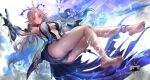  1girl barefoot black_dress blonde_hair blue_eyes blue_hair breasts closed_mouth colored_inner_hair dress earrings fleurdelys_(wuthering_waves) gauntlets holding holding_sword holding_weapon horns jewelry large_breasts long_hair looking_at_viewer multicolored_hair multiple_earrings nightsliice257 pointy_ears single_horn soles solo sword tabard toes two-tone_hair watermark weapon white_tabard wuthering_waves yellow_horns 