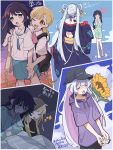  3girls @_@ absurdres ahoge alternate_hairstyle animal animal_on_shoulder barefoot black_hair black_hat blonde_hair blush cho_kaguya-hime! closed_eyes commentary_request crying crying_with_eyes_open detached_ahoge eighth_note flower flying_sweatdrops fushi_(cho_kaguya-hime!) green_eyes grey_hair hair_ornament hair_rings hair_stick halterneck hat heart highres holding holding_animal holding_another's_wrist hood hoodie hot kaguya_(cho_kaguya-hime!) long_hair long_sleeves looking_at_another multicolored_hair multiple_girls musical_note one_eye_closed oo0matarasi0oo open_mouth pink_hair purple_hoodie red_eyes runami_yachiyo sailor_collar sakayori_iroha short_sleeves sunflower sweatdrop tears translated two-tone_hair very_long_hair x_x 