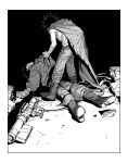  2boys abaraya akira_(manga) ankle_boots bad_end boots border cape commentary_request from_behind full_body gloves greyscale gun highres implied_after_fight kaneda_shoutarou_(akira) lifting_person looking_at_another male_focus monochrome multiple_boys pants pulling_another's_clothes shima_tetsuo spiked_hair standing unconscious weapon white_border 