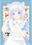 1girl animal_ears apron artist_name blue_background blue_dress blue_eyes blue_hair blunt_bangs cat_ears cat_girl center_frills clenched_hand closed_mouth commentary_request contrast_collar dress embroidery_hoop english_text frilled_apron frills hand_on_own_chest hands_up headdress heart highres looking_to_the_side maid needle original parted_bangs poodle3925 puffy_short_sleeves puffy_sleeves safety_pin scissors sewing_kit sewing_machine sewing_needle sewing_pin short_hair short_sleeves sidelocks smile solo upper_body v watermark white_apron 