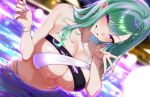  1girl bare_shoulders bikini bracelet breasts cleavage commentary earrings eyelashes green_hair green_nails grin gyaru_v hair_ornament hairclip jewelry large_breasts long_hair looking_at_viewer micro_bikini midriff mole mole_on_breast multicolored_bikini muton_(muton82) nail_polish navel necklace official_alternate_costume parted_bangs pool purple_eyes purple_nails ring smile solo swimsuit teeth untranslatable_commentary v virtual_youtuber vspo! water watermark wet yakumo_beni yakumo_beni_(3rd_anniversary) 