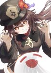  1girl black_nails black_shorts brown_hair claw_pose coat flower flower-shaped_pupils genshin_impact ghost grin hair_between_eyes hat hat_flower highres hu_tao_(genshin_impact) jewelry long_hair long_sleeves looking_at_viewer multiple_rings nail_polish plum_blossoms poillustration porkpie_hat red_eyes ring shirt shorts simple_background smile solo symbol-shaped_pupils twintails white_background wide_sleeves 