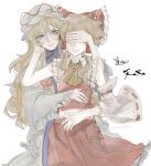  2girls artist_collaboration ascot blonde_hair bow brown_hair commentary_request covering_another's_eyes detached_sleeves dress frilled_bow frilled_hair_tubes frilled_sleeves frills hair_bow hair_tubes hakurei_reimu hat hat_ribbon hug hug_from_behind kitunegasak kumagawa1230 long_hair long_sleeves mob_cap multiple_girls paint_chat_(medium) purple_eyes purple_tabard red_bow red_ribbon red_skirt ribbon ribbon-trimmed_sleeves ribbon_trim single_detached_sleeve skirt skirt_set tabard touhou white_dress white_hat wide_sleeves yakumo_yukari yellow_ascot yuri 