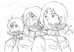  1boy 2girls commentary_request earth_federation food food_in_mouth fraw_bow freckles greyscale gundam kai_shiden looking_to_the_side medium_hair military military_uniform mirai_yashima mobile_suit_gundam monochrome multiple_girls pasta profile saitani_umetarou spaghetti upper_body 