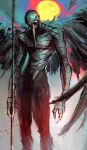  1boy absurdres bandaged_arm bandaged_chest bandages bird_boy black_wings choujin_x commentary feathered_wings fewer_digits highres holding holding_weapon kurohara_tokio_(choujin_x) kyezzzz male_focus pants solo sun talons topless_male transformation weapon wings 