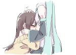  2girls aqua_hair bare_shoulders black_sleeves blush brown_hair closed_eyes comforting commentary crying detached_sleeves grey_shirt hair_ornament hand_on_another&#039;s_chest hand_on_another&#039;s_shoulder hatsune_miku head_in_chest head_out_of_frame long_hair master_(vocaloid) multiple_girls nejikyuu petting shirt shoulder_tattoo sleeveless sleeveless_shirt straight_hair sweater tattoo tears twintails upper_body very_long_hair vocaloid yellow_sweater 