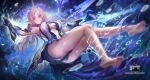  1girl barefoot black_dress blonde_hair blue_eyes blue_hair breasts closed_mouth colored_inner_hair dress earrings fleurdelys_(wuthering_waves) gauntlets holding holding_sword holding_weapon horns jewelry large_breasts long_hair looking_at_viewer multicolored_hair multiple_earrings nightsliice257 pointy_ears single_horn soles solo sword tabard toes two-tone_hair watermark weapon white_tabard wuthering_waves yellow_horns 
