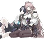  1boy 1girl ahoge armor artist_request bare_shoulders between_legs bishounen black_bodysuit black_bow black_bridal_gauntlets black_eyes black_hair black_shorts black_skirt black_sleeves blue_eyes blue_kimono blue_sleeves blunt_ends bodysuit bow breasts bridal_gauntlets bright_pupils brown_pantyhose character_request cleavage_cutout closed_mouth clothing_cutout commission couple electro_symbol_(genshin_impact) eyelashes eyeliner gem genshin_impact gold_thighlet hakama hakama_shorts hand_between_own_legs hetero highres huge_ahoge japanese_armor japanese_clothes jewelry juban kimono knee_up kote kurokote large_breasts layered_sleeves leaning_on_person long_hair long_sidelocks long_sleeves makeup mandarin_collar oc_x_canon open_clothes open_kimono original pantyhose parted_lips pink_hair playing_with_another's_hair pleated_shorts purple_gem purple_sash red_eyeliner sash scaramouche_(genshin_impact) second-party_source seiza shirt short_over_long_sleeves short_sleeves shorts shoulder_cutout shoulder_peek side-by-side sidelocks sitting skirt split_mouth thighlet tsurime very_long_hair wanderer_(genshin_impact) white_background white_kimono white_mouth white_pupils white_shirt white_sleeves wispy_bangs 
