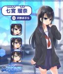  1girl asymmetrical_bangs black_cardigan black_hair blue_eyes blue_sailor_collar blue_skirt blunt_bangs blunt_ends blurry blurry_background breasts cardigan character_name character_profile choppy_bangs closed_mouth commentary_request copyright_logo cowboy_shot embarrassed expressionless highres honeycomb_(pattern) logo long_hair long_sleeves looking_at_viewer miniskirt multiple_expressions nanamiya_runa neckerchief official_art open_mouth pleated_skirt red_neckerchief roshutsu-kei_mahou_shoujo sailor_collar school_uniform serafuku shirt shitou_(4h) sidelocks skirt small_breasts standing straight_hair white_serafuku white_shirt wide-eyed 