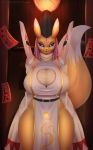  2019 absurd_res anthro big_breasts blue_eyes breasts canid canine clothed clothing digimon digimon_(species) female fur hi_res huge_breasts kyodashiro looking_at_viewer mammal solo taomon wide_hips 