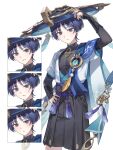  1boy anemo_symbol_(genshin_impact) anger_vein aqua_gem arm_up armor artist_request belt bishounen black_belt black_bodysuit black_bow black_bridal_gauntlets black_shorts blue_cape blue_hat blue_jingasa blue_kimono blue_sleeves blunt_ends bodysuit bow bridal_gauntlets cape character_profile choppy_bangs closed_mouth clothing_cutout commission covered_collarbone eyeliner feathers fingernails furrowed_brow gem genshin_impact gold gold_ring hakama hakama_shorts hand_on_own_hip hat highres hip_vent japanese_armor japanese_clothes jingasa juban kimono kote kurokote layered_sleeves light_blush looking_at_viewer makeup male_focus mandarin_collar middle_ring multiple_expressions open_clothes open_kimono parted_lips pleated_shorts pom_pom_(clothes) purple_eyes purple_pupils purple_rope purple_sash red_eyeliner rope sash scaramouche_(genshin_impact) second-party_source short_sleeves shorts shoulder_peek side_cape solo tilted_headwear tsurime vision_(genshin_impact) wanderer_(genshin_impact) white_background white_kimono white_mouth white_sleeves yellow_feathers 