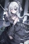  1girl absurdres black_bow black_dress black_flower black_rose black_sleeves blue_eyes blurry blurry_background bow braid braided_bangs breasts chain_weapon closed_mouth commentary detached_sleeves dress eyepatch flower frilled_dress frills grey_hair haidollo hair_bow highres holding holding_weapon hololive hololive_indonesia long_hair looking_at_viewer medium_breasts official_alternate_costume official_alternate_hairstyle rose sleeveless sleeveless_dress smile solo twintails very_long_hair vestia_zeta vestia_zeta_(5th_costume) virtual_youtuber weapon wide_sleeves 