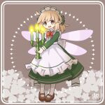  1girl ahoge alice_(kitagawa_suigetsu) apron artist_logo blonde_hair boots bow bowtie brown_background brown_boots candle commentary_request dress fairy fairy_wings frilled_apron frills green_bow green_dress hair_bow holding holding_candle kitagawa_suigetsu logo maid_headdress open_mouth original pantyhose pink_wings pointy_ears red_bow red_bowtie solo white_apron white_pantyhose wings yellow_eyes 