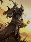  1boy animal arm_up armor bird black_pants black_robe breastplate brown_gloves clenched_hand cloud commentary_request elden_ring elden_ring_nightreign gloves grass helmet highres holding holding_sword holding_weapon kageisland_9lov knight male_focus outdoors over_shoulder pants profile robe scarf sky solo sunset sword sword_over_shoulder torn_clothes torn_scarf weapon weapon_over_shoulder winged_helmet wylder_(elden_ring) 