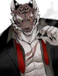  2019 abs anthro black_nails brown_body brown_fur chung0u0 cigarette clothed clothing colored_nails eye_scar felid fingernails fur hi_res looking_at_viewer male mammal muscular muscular_male nails necktie open_shirt pantherine pecs scar sharp_nails shirt tiger topwear yellow_eyes 