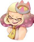  1girl artist_name blonde_hair commentary_request cropped_torso cross-shaped_pupils crown fang gradient_hair highres inkling light_blush looking_at_viewer medium_hair mole mole_under_mouth multicolored_hair obsydian0x open_mouth pale_skin pearl_(off_the_hook_outfit)_(splatoon) pearl_(splatoon) portrait purple_hair shirt short_eyebrows sleeveless smile solo sparkle splatoon_(series) splatoon_2 suction_cups symbol-shaped_pupils tail teeth tentacle_hair white_background white_shirt yellow_eyes zipper_pull_tab 