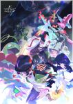  1boy 1girl absurdres bell-bottoms black_hair black_hat black_pants blurry blurry_background brown_hair chesnaught delphox e_volution emboar feraligatr green_jacket greninja grey_eyes harmony_(pokemon) hat highres holding holding_poke_ball jacket looking_at_viewer mega_chesnaught mega_delphox mega_emboar mega_feraligatr mega_greninja mega_meganium mega_zygarde meganium open_clothes open_jacket pants paxton_(pokemon) poke_ball pokemon pokemon_(creature) pokemon_legends:_z-a profile shirt smile white_hat white_shirt zygarde zygarde_(complete) 