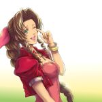  1girl ;d aerith_gainsborough black_ribbon bow bracelet braided_ponytail breasts brown_hair cleavage collarbone dress_shirt final_fantasy final_fantasy_vii finger_to_eye floating_hair from_side gradient gradient_background green_background green_eyes hair_bow hair_intakes jacket jewelry long_hair medium_breasts neck_ribbon one_eye_closed open_clothes open_jacket open_mouth pink_bow pink_shirt ponytail popochan-f red_jacket ribbon shirt short_sleeves smile solo strapless upper_body very_long_hair white_background 