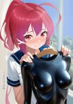  1girl blurry blurry_background blush bodysuit commentary_request day dorachan_r hair_ribbon highres i-168_(kancolle) impossible_bodysuit impossible_clothes kantai_collection latex latex_bodysuit long_hair looking_at_viewer one-piece_swimsuit ponytail red_eyes red_hair ribbon school_swimsuit school_uniform serafuku skin_tight solo swimsuit swimsuit_under_clothes twitter_username 