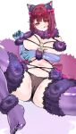  1girl :q animal_ears atelier_(series) atelier_sophie black_nails black_panties breasts commentary_request cosplay fake_animal_ears fate/grand_order fate_(series) fingernails fur-trimmed_thighhighs fur_trim hair_ribbon highres large_breasts looking_at_viewer mash_kyrielight mash_kyrielight_(dangerous_beast) mash_kyrielight_(dangerous_beast)_(cosplay) navel panties pink_ribbon purple_thighhighs red_hair ribbon ryuuno6 short_hair simple_background sitting sophie_neuenmuller thighhighs toenails tongue tongue_out underwear white_background 