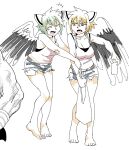  2girls bag bare_shoulders barefoot belt black_bra black_undershirt black_wings blonde_hair bra can closed_eyes feathered_wings frown furrowed_brow grabbing_another's_arm green_hair hair_between_eyes hair_ornament harpy_1_(sora_no_otoshimono) harpy_2_(sora_no_otoshimono) highres holding holding_bag holding_can light_blush multiple_girls no open_mouth pink_shirt pink_tank_top poligon_sticker pushing_away red_eyes shirt shoe_loss short_hair short_shorts shorts shouting simple_background single_tooth sleeveless smile sora_no_otoshimono tank_top underwear white_background wings 