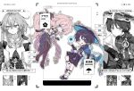  1boy 1girl anemo_symbol_(genshin_impact) arm_at_side armor arms_at_sides artist_request asymmetrical_legwear bare_shoulders black_bodysuit black_bow black_bridal_gauntlets black_gloves black_pantyhose black_sandals black_shoes black_shorts black_skirt blue_cape blue_eyes blue_feathers blue_gem blue_hat blue_jingasa blue_kimono blue_sleeves blunt_ends blush bodysuit bow breasts bridal_gauntlets cape character_profile character_request cleavage_cutout closed_mouth clothing_cutout commission cropped_jacket dilated_pupils empty_eyes english_text eyeliner feathers furisode gem genshin_impact gloves gold gold_ring gold_trim gradient_feathers hair_bow hakama hakama_shorts hand_up hat high_heels highres jacket japanese_armor japanese_clothes jingasa juban kimono kote kurokote layered_sleeves leg_warmers long_hair long_sidelocks long_sleeves looking_at_viewer looking_to_the_side makeup mandarin_collar medium_breasts middle_ring mismatched_legwear monochrome_background multicolored_hair oc_x_canon open_clothes open_kimono open_mouth original outline pantyhose parted_bangs pink_hair pleated_shorts pom_pom_(clothes) purple_bow purple_hair purple_sleeves red_eyeliner sandals scaramouche_(genshin_impact) second-party_source shoes short_over_long_sleeves short_sleeves shorts shoulder_peek showgirl_skirt side_cape sidelocks single_leg_pantyhose single_thighhigh skirt stirrup_legwear streaked_hair tassel thick_arm_hair thighhighs toeless_legwear translation_request very_long_hair vision_(genshin_impact) vortex wanderer_(genshin_impact) white_feathers white_jacket white_kimono white_leg_warmers white_outline white_sleeves wispy_bangs yellow_feathers zouri 