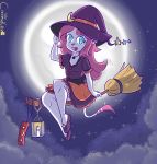  2019 anthro anthro_focus broom broom_riding clothing collar costume creamy_kitty detailed_background domestic_cat eyelashes felid feline felis female fluffy flying full_moon hair halloween hat headgear headwear hi_res holidays looking_at_viewer magic_user mammal moon peachu_(character) solo witch 