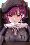  1girl beret breasts chair commentary_request e69465 earrings gendou_pose gloves hands_up hat heaven_burns_red highres interlocked_fingers jacket jewelry looking_at_viewer military military_hat military_uniform neck_ribbon open_mouth own_hands_clasped own_hands_together pocket purple_hair red_eyes ribbon shirt short_hair sitting solo straight-on tezuka_saki upper_body upturned_eyes white_gloves 