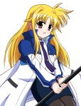  1girl black_pantyhose blonde_hair blue_skirt coat collared_shirt commentary_request cowboy_shot fate_testarossa hair_intakes highres holding long_sidelocks lyrical_nanoha mahou_shoujo_lyrical_nanoha_exceeds:_gun_blaze_vengeance multicolored_coat necktie open_clothes open_coat open_mouth pantyhose parted_bangs pencil_skirt purple_necktie red_eyes shirt sidelocks simple_background skirt solo tie_clip two-tone_coat upper_body white_background white_coat white_shirt yamanobeya 