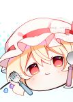  1girl blonde_hair blush closed_mouth commentary_request crystal crystal_wings flandre_scarlet fork hat highres illust_atelier3 looking_at_viewer multicolored_wings one-hour_drawing_challenge red_eyes signature smile solo spoon touhou watermark white_hat wings yukkuri_shiteitte_ne 
