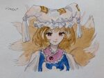 1girl animal_ears animal_hat blonde_hair blue_tabard closed_mouth cropped_shoulders dress fox_ears fox_tail hat kitsune lips mob_cap multiple_tails painting_(medium) short_hair signature smile solo tabard tail touhou traditional_media watercolor_(medium) white_background white_dress yakumo_ran yellow_eyes yuuren_kyouko 