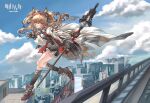  1girl :d absurdres angelina_(arknights) animal_ear_fluff animal_ears arknights bag black_collar black_gloves black_shorts black_socks bloud blue_sky brown_hair building chinese_commentary city coat collar commentary_request copyright_name curly_hair day dot_nose duffel_bag earpiece floating floating_clothes floating_hair fox_ears fox_girl fox_tail full_body glint gloves hairband high_up highres holding holding_staff infection_monitor_(arknights) jacket kneehighs light_particles long_hair long_sleeves looking_at_viewer multicolored_hairband open_clothes open_coat open_jacket outdoors overpass red_eyes red_hairband red_jacket rooftop short_shorts shorts sky skyscraper smile socks solo staff striped_clothes striped_hairband tail tonghua_shijie_li_de_zhong_er_mao twintails two-tone_hairband waving white_coat 