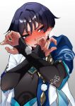  1boy armor black_bodysuit black_hair blue_cape blue_eyes blunt_ends blush bodysuit bridal_gauntlets cape commentary_request covering_privates crossed_arms curled_fingers embarrassed eyeliner eyeshadow full-face_blush genshin_impact gold gold_ring hair_intakes highres japanese_armor japanese_clothes jewelry kimono kote kurokote makeup male_focus mandarin_collar middle_ring open_clothes open_kimono open_mouth parted_bangs parted_lips pom_pom_(clothes) red_eyeliner red_eyeshadow renkon_25251020 revision ring scaramouche_(genshin_impact) shoulder_peek solo steaming_body sweat wanderer_(genshin_impact) white_background white_kimono white_trim 