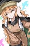  1girl absurdres breasts closed_mouth commentary_request constellation_print green_skirt hand_in_own_hair hat highres kakineko long_hair long_sleeves looking_at_viewer matara_okina orange_hair orange_tabard skirt smile solo tabard touhou white_background wide_sleeves yellow_eyes 