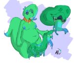 2019 anthro balls big_balls big_penis breasts collar dark_genitals freckles goo_creature green_body gynomorph hi_res intersex looking_at_viewer matchesyashi nipples nude open_mouth penis penis_creature penis_with_teeth penis_with_tongue reptile scalie snake snake_penis solo teeth tongue tongue_out unusual_penis what_has_science_done 