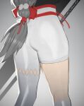  1girl absurdres alexandrina_sebastiane ass ass_focus close-up from_behind grey_hair highres huge_ass i_s_s_h_i_n long_hair low-tied_long_hair lower_body pantyhose simple_background single_leg_pantyhose solo thick_thighs thighs white_pantyhose zenless_zone_zero 