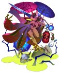  1girl absurdres alcohol ankle_ribbon barefoot barefoot_sandals_(jewelry) blue_umbrella bob_cut breasts breasts_apart choko_(cup) cup fang fate/grand_order fate_(series) full_body gourd highres holding holding_cup holding_sword holding_weapon horns japanese_clothes kimono lantern leg_ribbon looking_at_viewer mask medium_hair navel no_pupils oil-paper_umbrella oni oni_mask open_clothes open_kimono open_mouth over_shoulder paper_lantern pink_umbrella poison purple_eyes purple_hair purple_kimono red_ribbon revealing_clothes ribbon sakazuki sake short_eyebrows short_hair shuten_douji_(fate) shuten_douji_(first_ascension)_(fate) simple_background skin-covered_horns small_breasts smile solo stomach sword tlotro umbrella weapon weapon_over_shoulder white_background wide_sleeves 