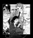  1boy 3girls blazer blush body_freckles breast_freckles collared_shirt commentary_request drooling freckles futsuu_no_keion-bu hair_over_one_eye hat hatono_chihiro holding holding_microphone jacket jealous knife kouyama_rin lipstick makeup medium_hair microphone microphone_cord multiple_girls necktie nonoura0012 nurse_cap open_clothes open_shirt parted_hair pixie_cut sashikawa_keiichi school_uniform shirt short_hair singing sweat sweater_vest teacher_and_student tsuru_asaka 