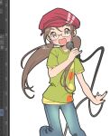  1girl blue_pants blush brown_eyes brown_hair denim dynamic_pose gaengxgaeng glasses green_shirt hat highres holding holding_microphone jeans long_hair looking_at_viewer microphone nail_polish open_mouth orange_nails original pants ponytail round_eyewear shirt short_sleeves sidelocks simple_background singing smile solo standing t-shirt white_background 
