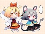  ... 2girls animal_ears animal_print bishamonten's_pagoda black_ribbon black_streaks blonde_hair blue_capelet blush capelet chibi chibi_only closed_mouth comedic_sweatdrop commentary_request dowsing_rod dress full_body grey_hair grid_background hagoromo highres long_sleeves mouse_ears mouse_girl mouse_tail multicolored_hair multiple_girls nazrin neck_ribbon open_mouth orange_background outline red_dress red_eyes ribbon shawl shirt short_hair smile sparkle spoken_ellipsis streaked_hair tail tiger_print toramaru_shou touhou white_outline white_shawl white_shirt yellow_eyes you_(noanoamoemoe) 