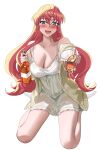  1girl alcohol blue_pupils blush bottle breasts cleavage collarbone colored_sclera commentary_request cup double-parted_bangs drunk green_sclera hair_between_eyes hair_down highres holding holding_bottle holding_cup jacket kneeling large_breasts long_hair looking_at_viewer maria_cadenzavna_eve maria_desirer nightgown open_clothes open_jacket open_mouth pink_hair senki_zesshou_symphogear simple_background smile socks solo spaghetti_strap very_long_hair wavy_mouth wavy_sidelocks whisky_glass white_background white_jacket white_socks wispy_bangs 