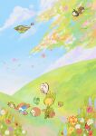  absurdres artist_name bounsweet butterfree celebi cherrim cherrim_(sunshine) cloud combee day flower flygon hat highres hill leavanny ledian no_humans outdoors picnic_basket piplup pokemon pokemon_(creature) pokemon_focus procreate_(medium) rowlet shaymin sonshine-arts starly straw_hat tree 