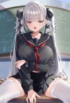  1girl absurdres azur_lane black_sailor_collar black_serafuku black_skirt breasts chalkboard classroom commission crop_top crop_top_overhang desk formidable_(azur_lane) formidable_(the_lover's_heart_flutters_on_duty)_(azur_lane) grey_hair highres indoors large_breasts long_hair looking_at_viewer navel official_alternate_costume open_mouth pixiv_commission pleated_skirt red_eyes sailor_collar school_desk school_uniform serafuku sitting skirt solo thighhighs tsunamagu twintails white_thighhighs 