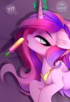  2019 bedroom_eyes english_text equid female feral food friendship_is_magic hair half-closed_eyes hi_res horn jewelry looking_at_viewer magic magnaluna mammal multicolored_hair my_little_pony necklace popsicle princess_cadance_(mlp) queen_chrysalis_(mlp) seductive solo text tongue tongue_out winged_unicorn wings 